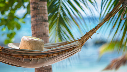 view of nice hammock hanging between two palms with some hat in it over blur ocean background sunny summer day