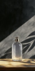 Elegant glass shampoo bottle showcased on wooden surface with shadows