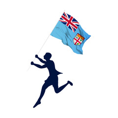 Wall Mural - Vector illustration of man running and holding Fiji flag in hands on transparent background