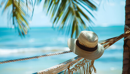 view of nice hammock hanging between two palms with some hat in it over blur ocean background sunny summer day