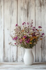 Wall Mural - Beautiful wildflowers in a rustic vase on a wooden table