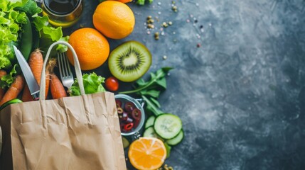 A brown paper bag filled with fresh vegetables like carrots, lettuce, and fruits such as oranges and kiwi, placed on a rustic table with additional scattered produce.