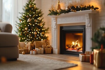 Wall Mural - The living room has a fireplace and a Christmas tree as part of the ambience