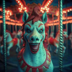 Wall Mural - Eerie clown carousel with haunted horses, dark carnival scene, 3D illustration