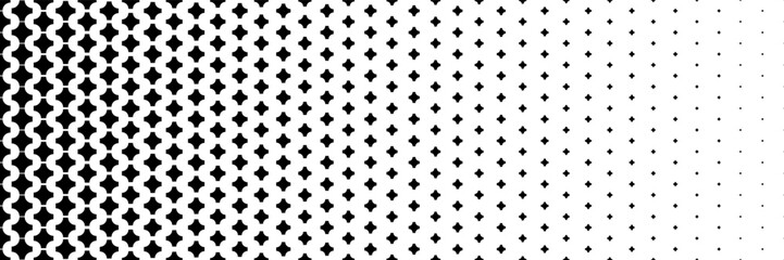 horizontal halftone of black curved plus and cross design for pattern and background.