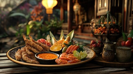 Wall Mural - 3D close-up of a plate with fried mackerel, shrimp paste chili dip, and carved Thai vegetables and fruits, presented with a traditional Thai house background, no people.