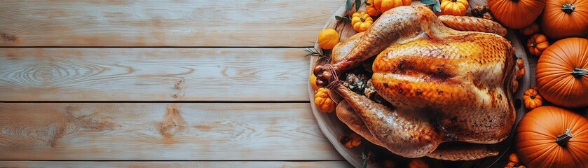 A beautifully roasted turkey placed on a light wooden table surrounded by pumpkins, with ample space above for Thanksgivingthemed text or a greeting