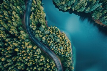 Sticker - Aerial View of Winding Road and Serene Lake in Forest