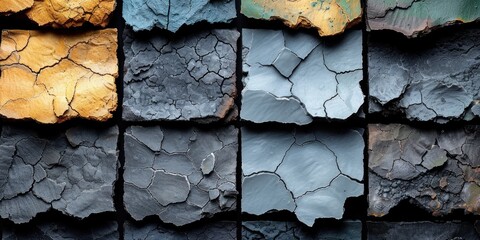 Wall Mural - Cracked clay tiles in various shades of blue and yellow, arranged in a grid