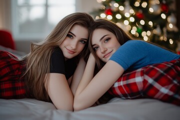 There are two beautiful friends in bed in their cozy home near a Christmas tree. The room is decorated with Christmas decorations.