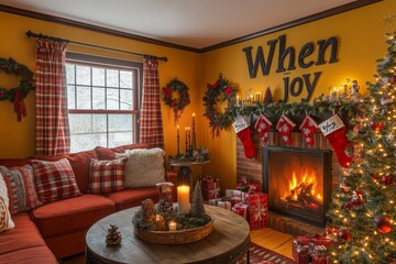 Wall Mural - The living room has an ambient fireplace with candles and a Christmas tree.