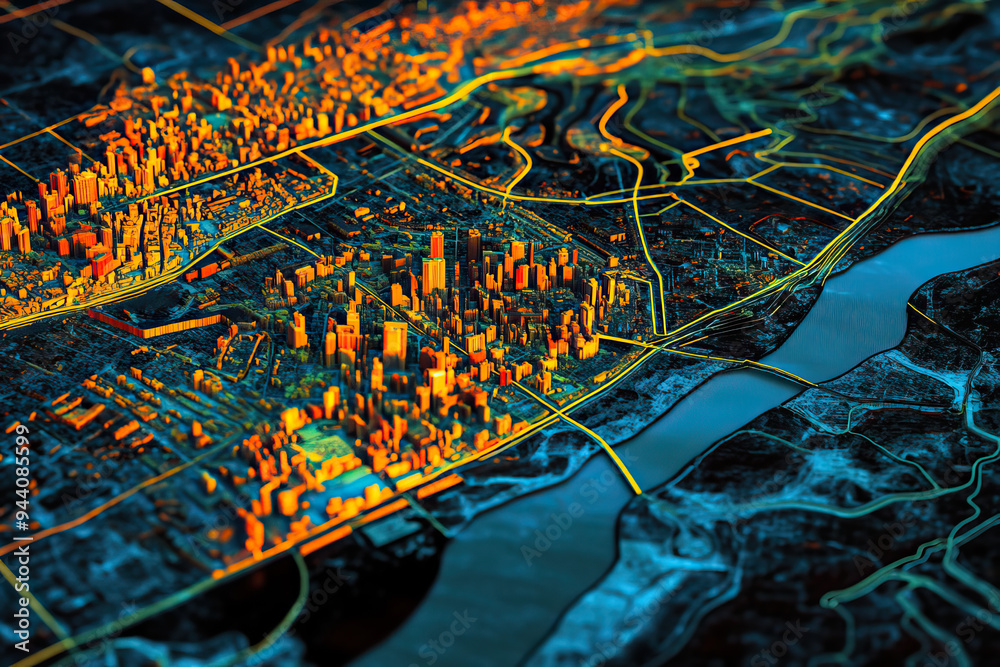 Technical aerial visual, 3D LiDAR GIS aerial map satellite scan model ...