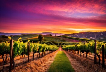 vibrant vineyard landscapes twilight lush green vines rustic wine barrels under colorful sky, blue, countryside, crops, environment, evening, fertile, golden