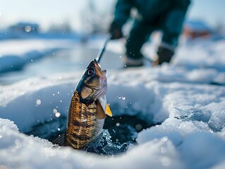 A successful ice fishing trip in a snowy landscape with a fresh catch breaking the surface on a winter morning