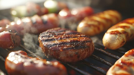 Wall Mural - 3D close-up of delicious barbecue items grilling, with a focus on the rich colors and grill marks, set against a crisp white background, no people.