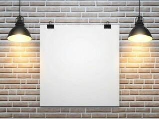 A blank poster hanging on a brick wall with two lamps