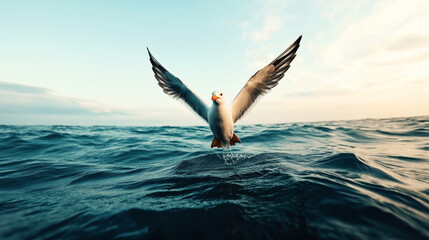 Sticker - A seagull in flight near the water surface of the ocean, with wings spread wide against a clear sky during daylight.