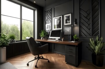 Wall Mural - modern home office with dark grey walls,workspace