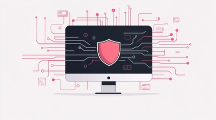 Poster - Simple illustration of a digital shield on a computer monitor. Concept of cybersecurity, data protection, and secure connections