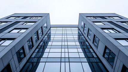 Low angle view of two modern office buildings with glass facade.