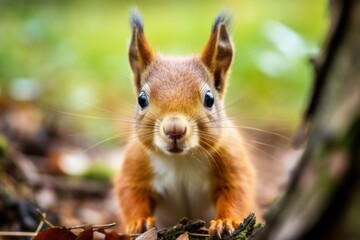 Wall Mural - A close-up of a red squirrel's face with its large, expressive eyes and tiny whiskers