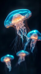 Wall Mural - A group of jellyfish floating in the dark