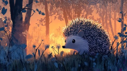 Canvas Print - Hedgehog in the Forest at Sunset