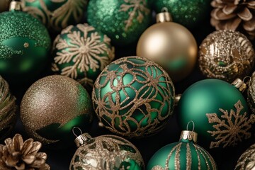 Decorations for the holidays. Premium green and gold Christmas background.