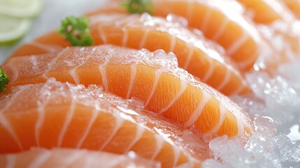 Wall Mural - 3D close-up of fresh salmon sashimi served on a layer of ice, emphasizing the rich color and texture of the fish against a white background, no people.