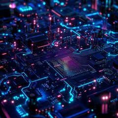 Wall Mural - Circuit Board Glow, 3D Rendered, Cyberpunk, Neon Lights, Technology, Digital Art, Futuristic