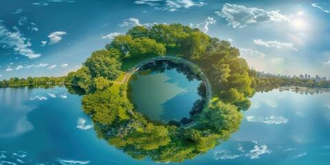 Wall Mural - Circular Panorama of a Lake and Green Trees in a Park