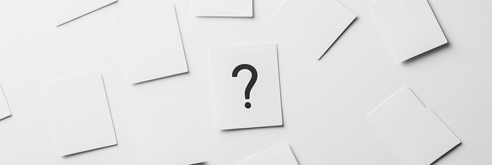 Poster - Single question mark on a white card among blank cards. Concept of uncertainty and decision-making.