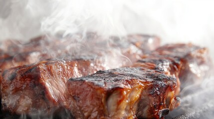 3D close-up of grilled pork with hot smoke rising, showcasing the juicy, charred texture of the meat against a clean white background, no people.