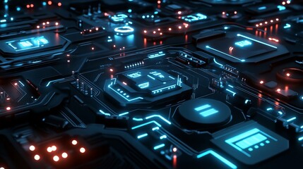 Wall Mural - Cyberpunk Motherboard with Blue and Red Glowing Lights, 3D Render, Circuit Board, Futuristic, Technology, sci-fi, cyberpunk