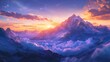© QuietWord - artistic illustration background, breath taking view over sea of cloud, majestic mountain peak with gradient celestial dawn sky, dreamy atmosphere