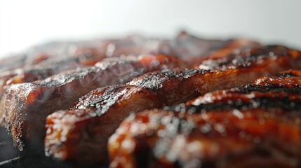 Wall Mural - 3D close-up of grilled pork with hot smoke rising, showcasing the juicy, charred texture of the meat against a clean white background, no people.