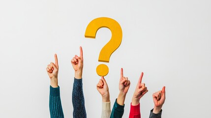 Poster - Several hands raised with fingers pointing up at a large yellow question mark on a white background. Concept of inquiry, curiosity, and thinking.