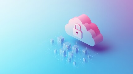 Poster - Floating cloud with a lock icon representing secure digital storage and cloud computing. Concept of encrypted online services.