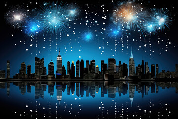 Wall Mural - Cityscape at Night with Fireworks Reflection