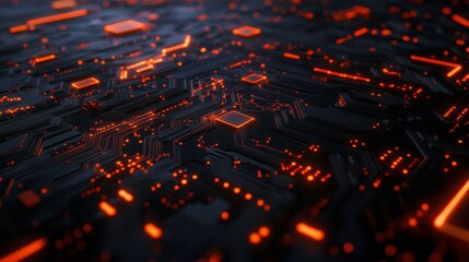 Wall Mural - Glowing Circuitry A 3D Render of a Futuristic Circuit Board with Red Lights, circuit board, futuristic, technology