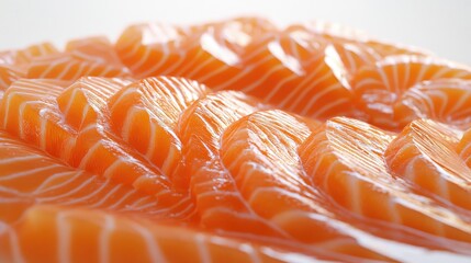 Wall Mural - 3D close-up of salmon sashimi slices, with attention to the intricate texture and glossy appearance of the fish on a white background, no people.