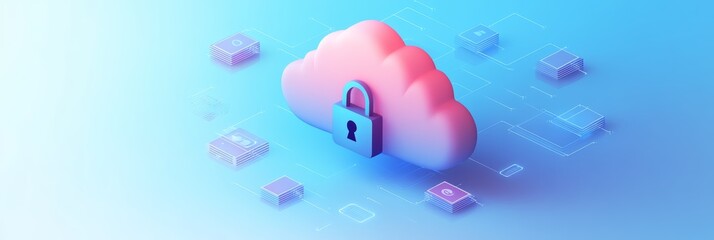 Poster - 3D cloud icon with a lock representing cloud security and data protection. Symbol of secure online storage.