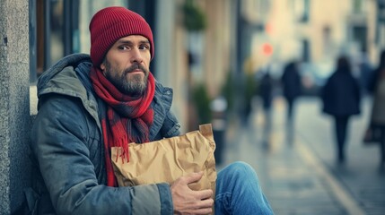 Homeless man in city asking for help.