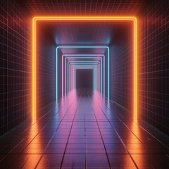 Poster - Neon Glow Corridor 3D Render of Orange and Blue Glowing Lines in a Gridded Tunnel, 3d rendering, cyberpunk, neon glow