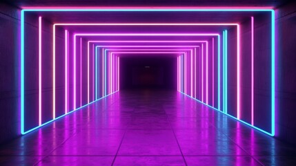 Poster - Neon Glow Tunnel Pink and Blue Lines in a Concrete Hallway, 3D Render, Abstract , Futuristic , Cyberpunk