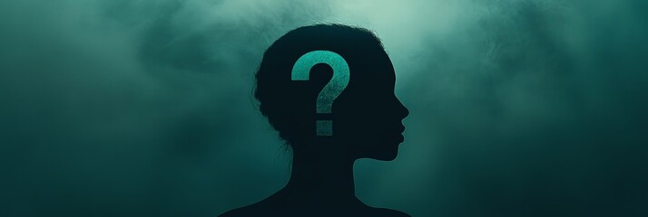 Poster - Silhouette of a woman with a question mark in her head against a foggy background. Symbol of mystery, thought, and curiosity.