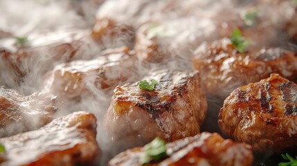 Wall Mural - 3D close-up of tender grilled pork, with steam and hot smoke accentuating the grill marks and juicy texture, set against a crisp white background, no people.