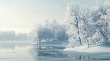 Wall Mural - Winter Wonderland: Frosted Trees and a Tranquil Lake