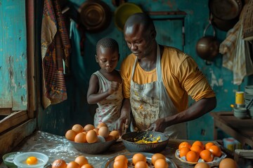 child family kitchen food boy son mother father breakfast preparing egg morning healthy diet eating home black african american father cooking parent cute meal, Generative AI