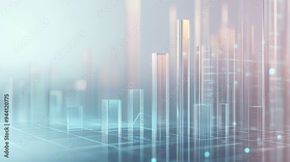A 3D bar chart with transparent bars overlaid on a digital grid ...